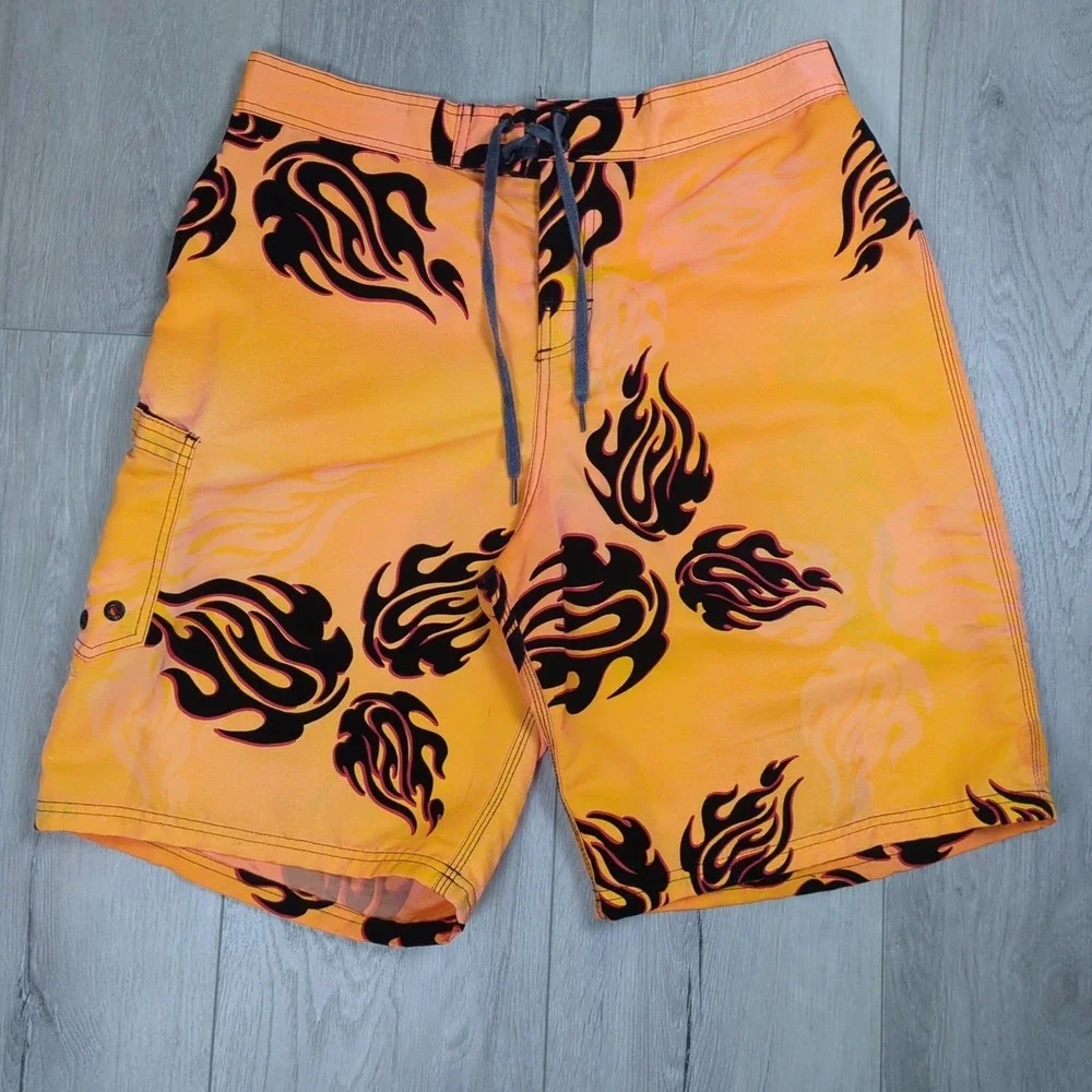 Hawaiian Island Creations Board Shorts Mens 36 Orange Tribal Flames 10